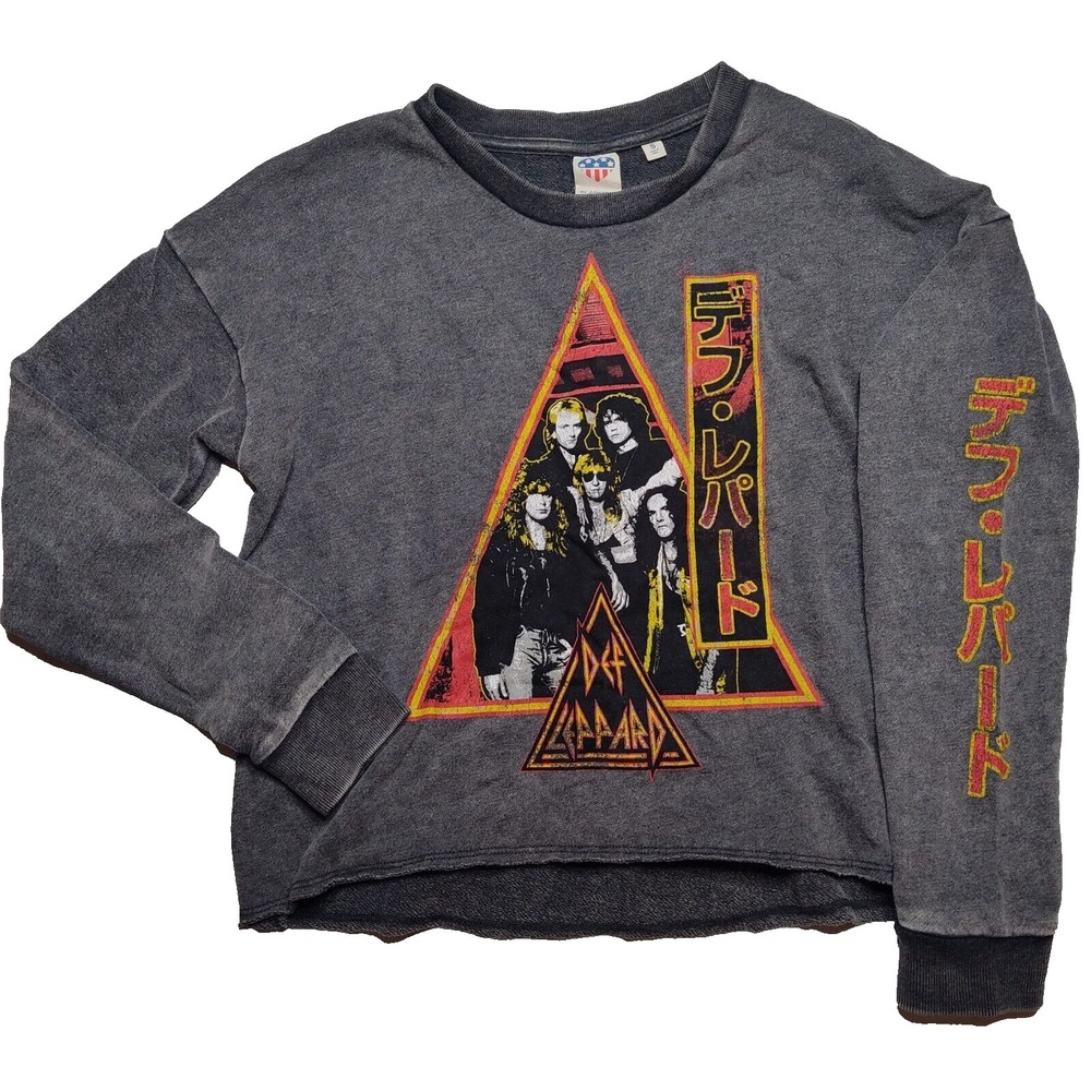 Def Leppard X JUNKFOOD Women Small‎ Gray Japanese Kanji Cropped RETRO Sweatshirt